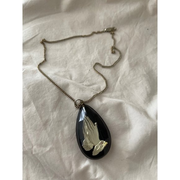 Vintage/Antique Epoxy Prayer Hands Black Teardrop Pendant Chain Necklace - Picture 6 of 12